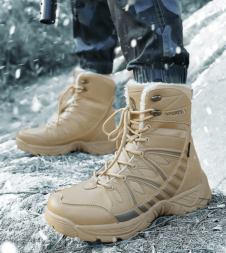 Waterproof leather military snow boots with anti-slip soles and warm plush lining in snowy terrain.